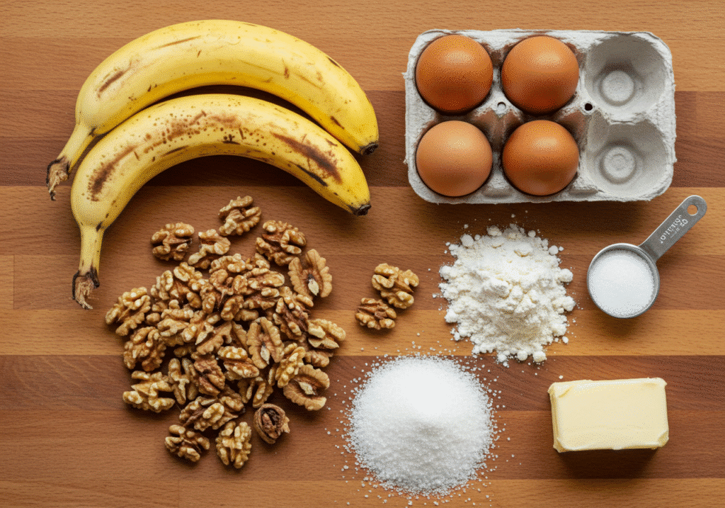 moist banana bread recipe ingredients in table