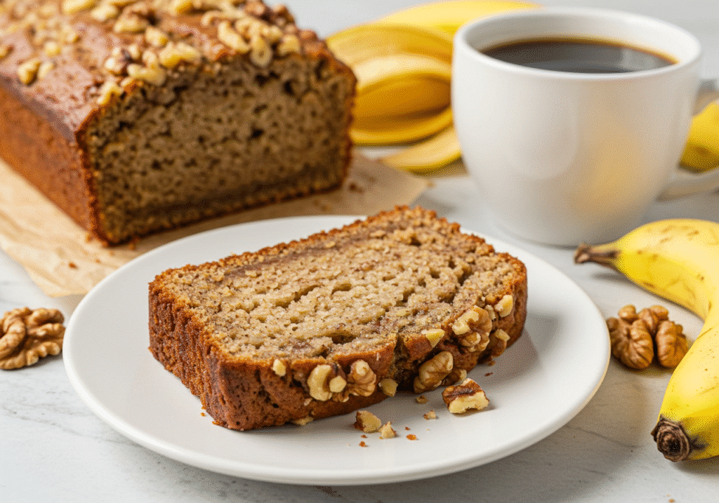 A close-up shot of a slice of moist banana nut bread with walnuts, placed on a white plate, with a cup of coffee and bananas in the background.