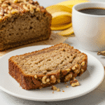 A close-up shot of a slice of moist banana nut bread with walnuts, placed on a white plate, with a cup of coffee and bananas in the background.